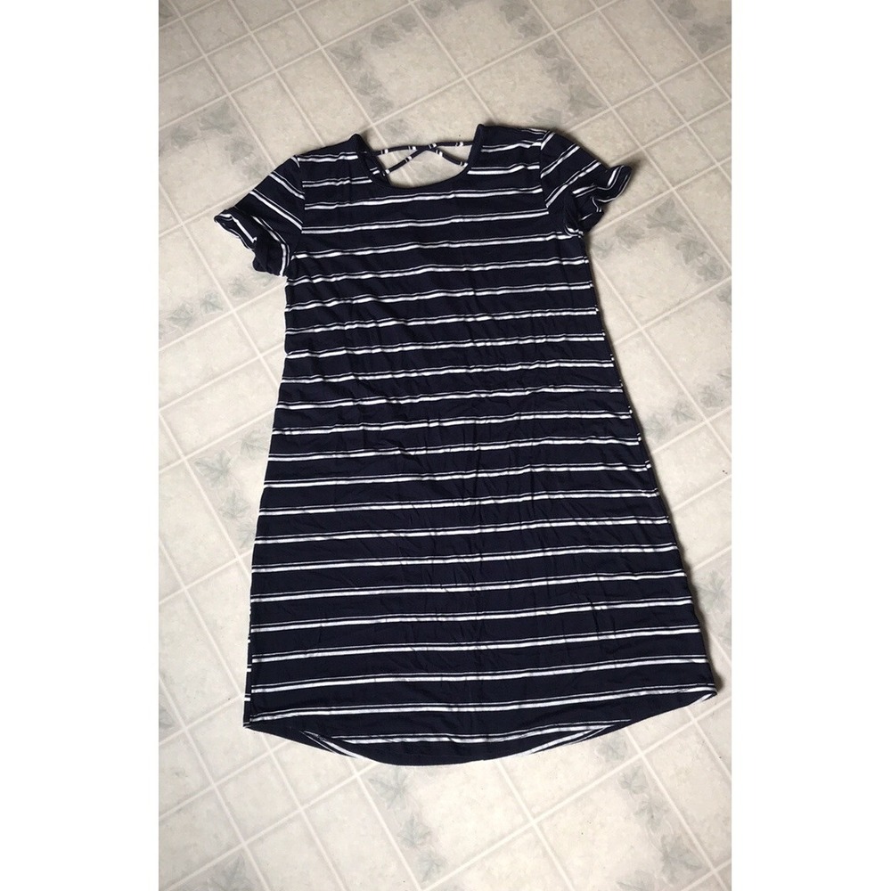 Maurices Navy Blue Knit T-Shirt Striped Dress Size Small Criss‎ Cross Back